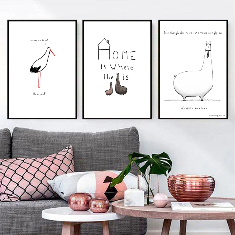 

Cute Little Animal Modern Simple Abstract Art Canvas Poster White Seabird Alpaca Cartoon Sofa Background Wall Decoration Picture