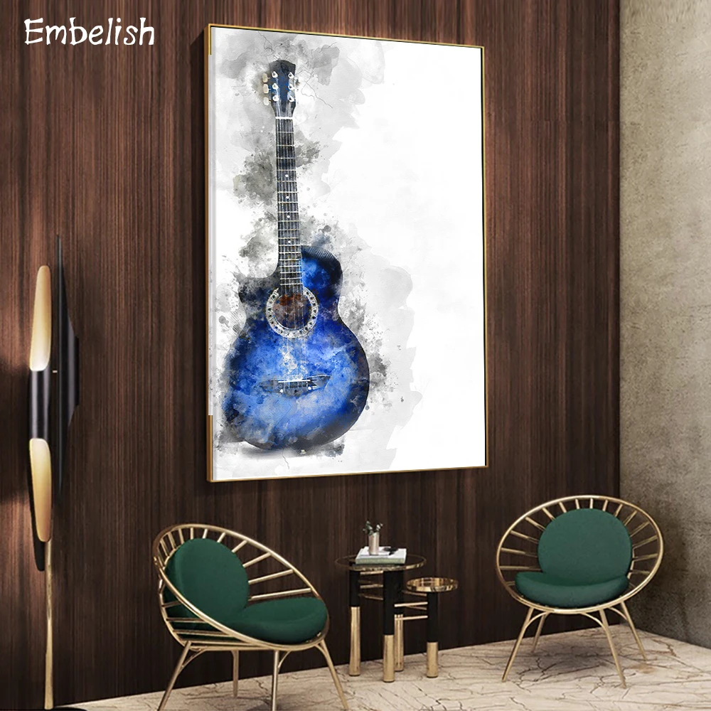 

1 Pieces Hot Watercolor Guita Musical instrument Wall Art Pictures For Living Room Bar Home Deco HD Canvas Oil Paintings Posters