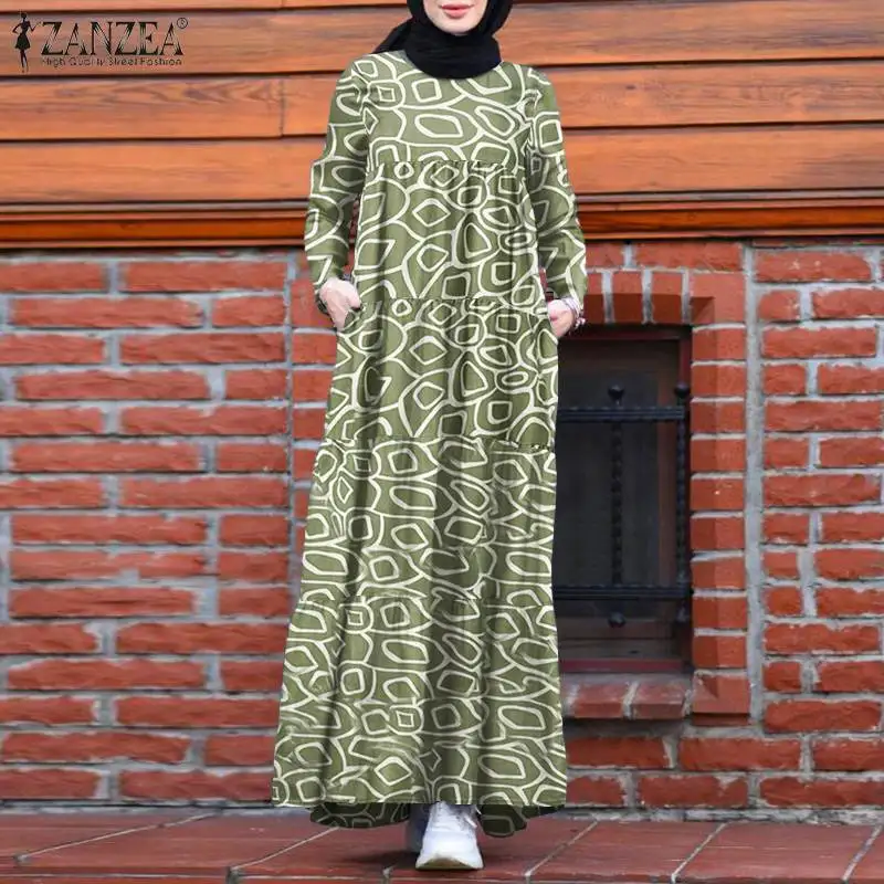 

ZANZEA Ретро Женская абайя кафтан халат винтажный принт Макси Сарафан платье в турецком стиле осеннее мусульманское платье с длинным рукавом