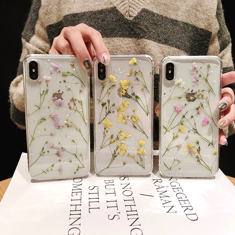 Настоящий высушенный чехол с цветами для iPhone XS Max XR прозрачный мягкий ручной