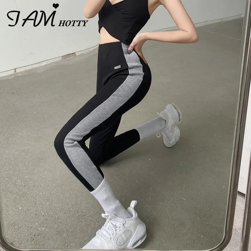 

Эластичные леггинсы с контрастной полосой по бокам, Женская облегающая спортивная одежда с высокой талией, модные брюки в Корейском стиле, ...