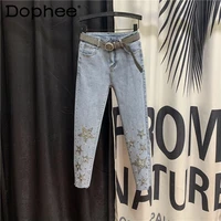 2021 spring new hot drilling beaded star pattern slimming cropped jeans women tight high waist pencil denim pants female trendy