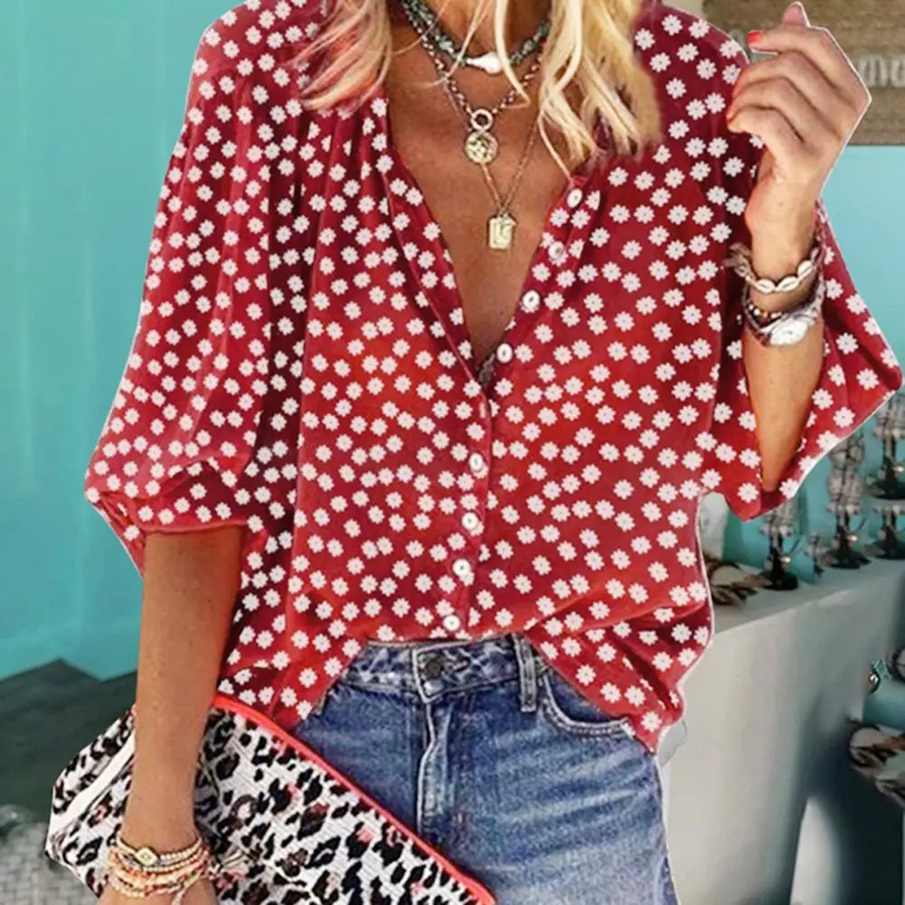 

Casual Women Floral Print Long Sleeve Blouse Plus Size Loose Button Down Shirt