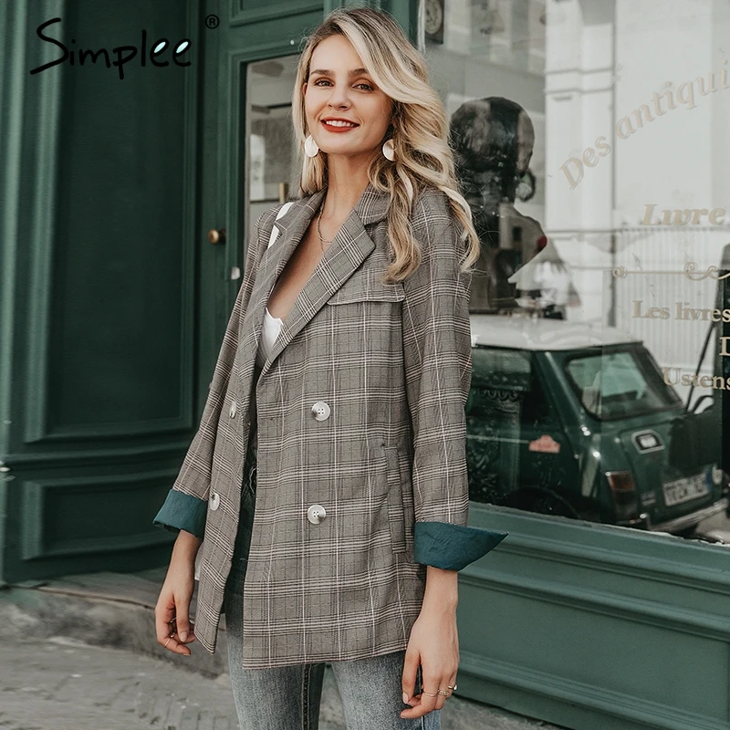 Simplee Plaid long sleeve female blazer Stripe lining office ladies Autumn winter casual outwear women jacket coat 2019 | Женская одежда