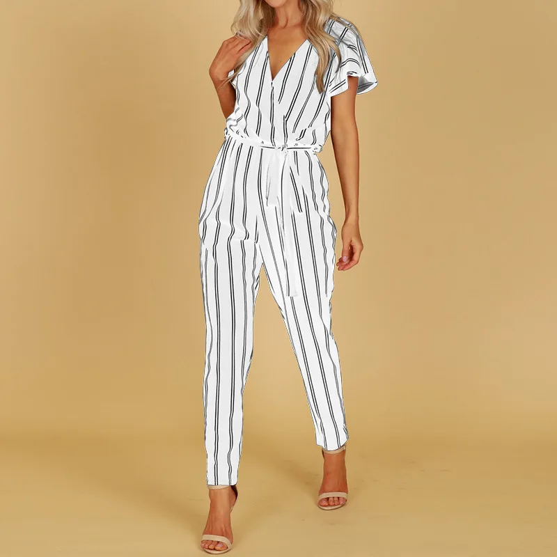 

Cross V-neck open back elegant stripe lotus sleeve Jumpsuit