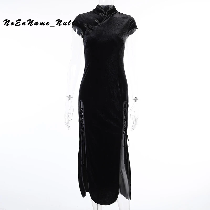 

Romantic Gothic Velvet Aesthetic Dresses Vintage Women Black Bandage SlitHem Bodycon Dress Sexy Evening Wear Cheongsam