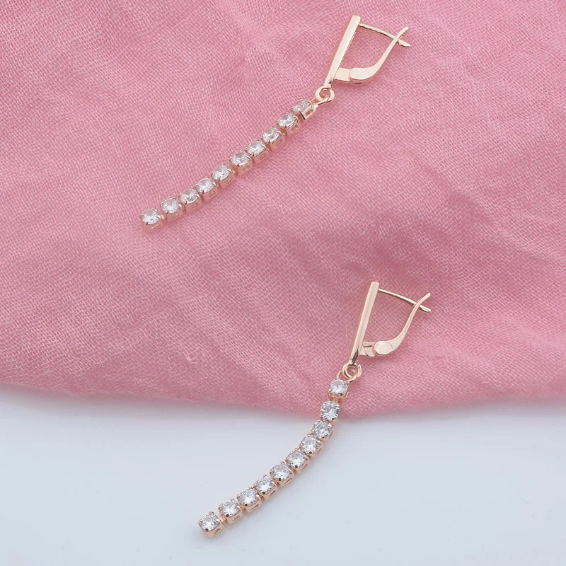 Женские гибкие серьги FJ 3 мм с белыми Фианитами цвета розового золота 585 пробы