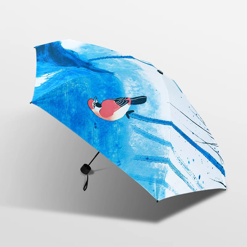 Anti-UV Mini Umbrella Oil Painting Paraguas Compact Sun Rain Women Parasol Bird Portable Folding Blue Travel Umbrellas | Дом и сад