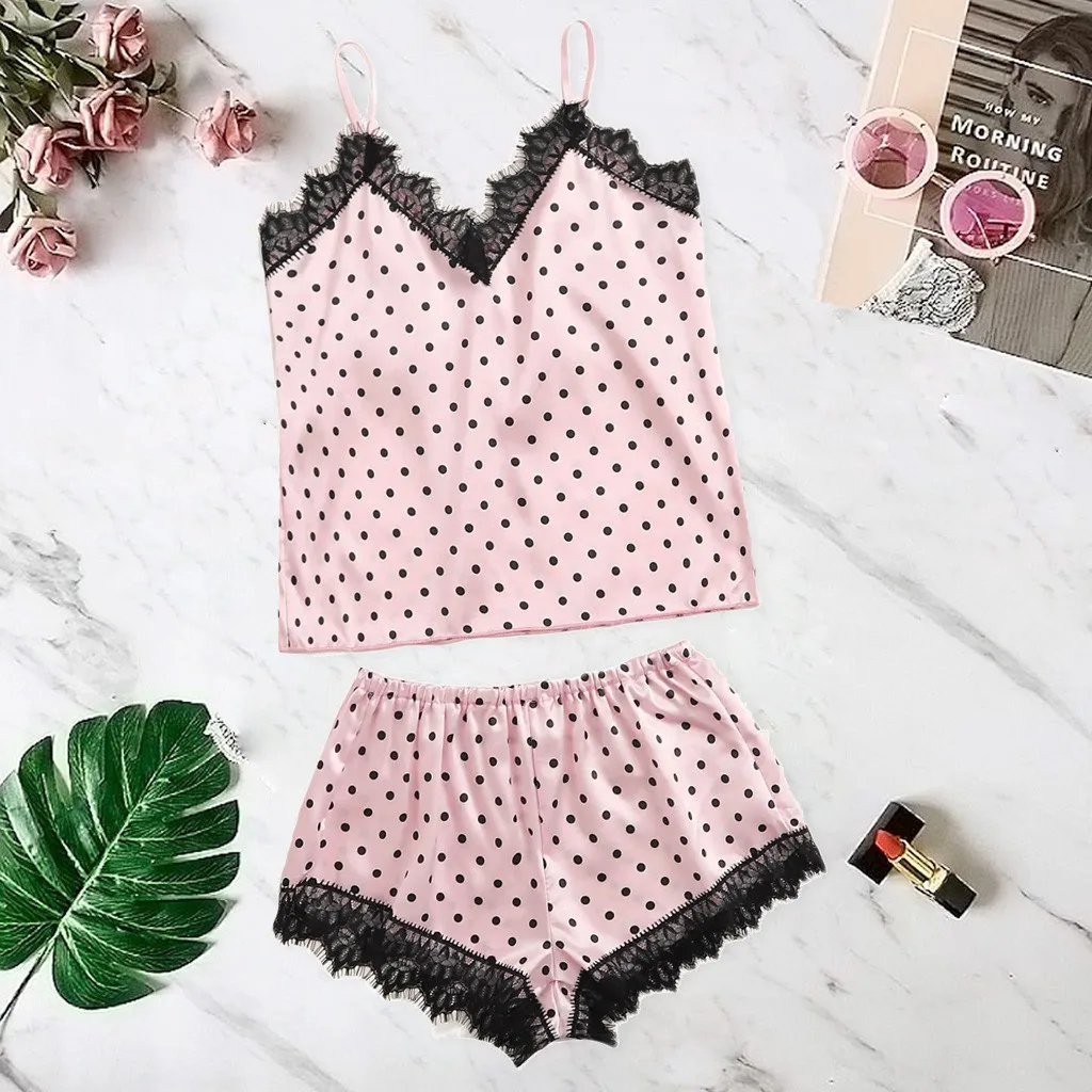 

Women Satin Silk Point Printin Camisole Shorts Set Sleepwear Pajamas Lingerie Sleepwear Satin Lace Dot Print Deep V Pajamas