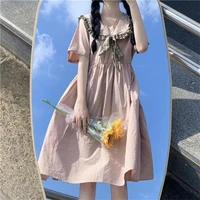 summer japanese sweety girly preppy style dress kawaii sailor collar bow cute short sleeve vintage loose a line mini dresses