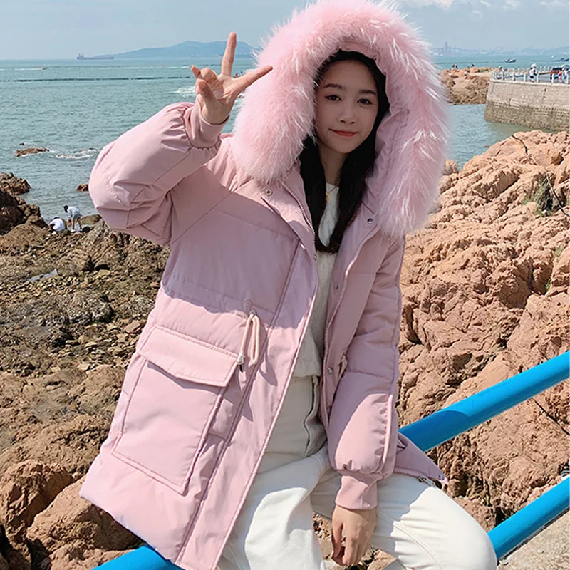 2021 Down Padded Jacket Solid Casual Thick Warm Zipper Pocket Cotton Coat Winter New Loose Fur Collar Hooded Women's Jacket