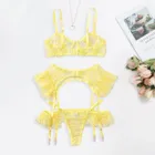 Комплект женского нижнего белья из 3 предметов, бюстгальтер на тонких бретельках с вышивкой, стринги, нижнее белье, пояс с подвязками, желтый комплект нижнего белья