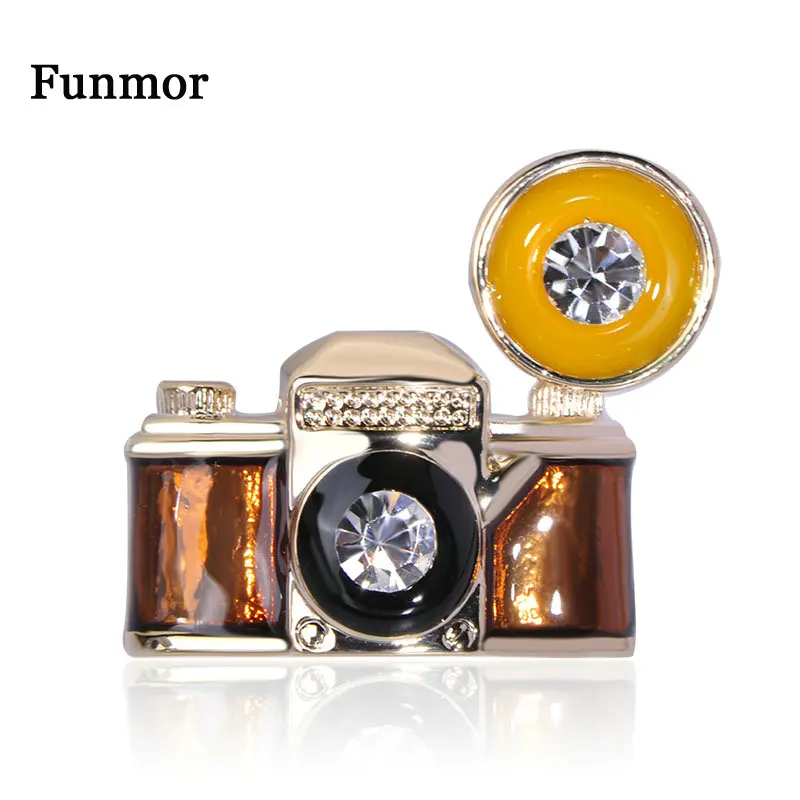 Винтажная брошь в форме камеры FUNMOR антикварная Золотая эмаль ретро с кристаллами