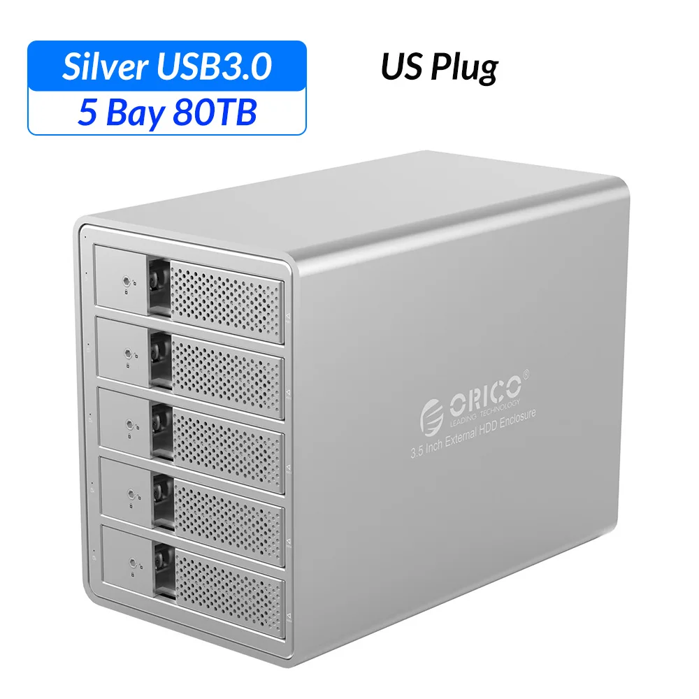 US Plug ORICO Алюминий 5 Bay 3,5 ''SATA к USB 3,0 HDD док-станция Поддержка 80 ТБ UASP Добавить 150 Вт внутренний адаптер питания чехол для SSD, HDD - Цвет: US Plug