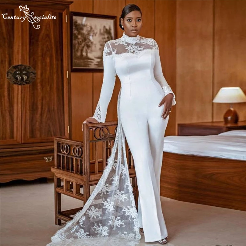 

African Women Wedding Dresses Jumpsuits Long Sleeve HIgh Neck Lace Bride Reception Jumpsuit Bridal Pantsuits Vestido De Noiva