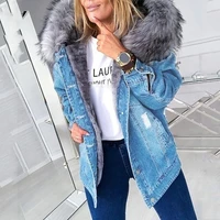 womens casual long sleeved fur trimmed collar hood denim solid color coats plus size xs 5xl new winter thick warm denim jackets
