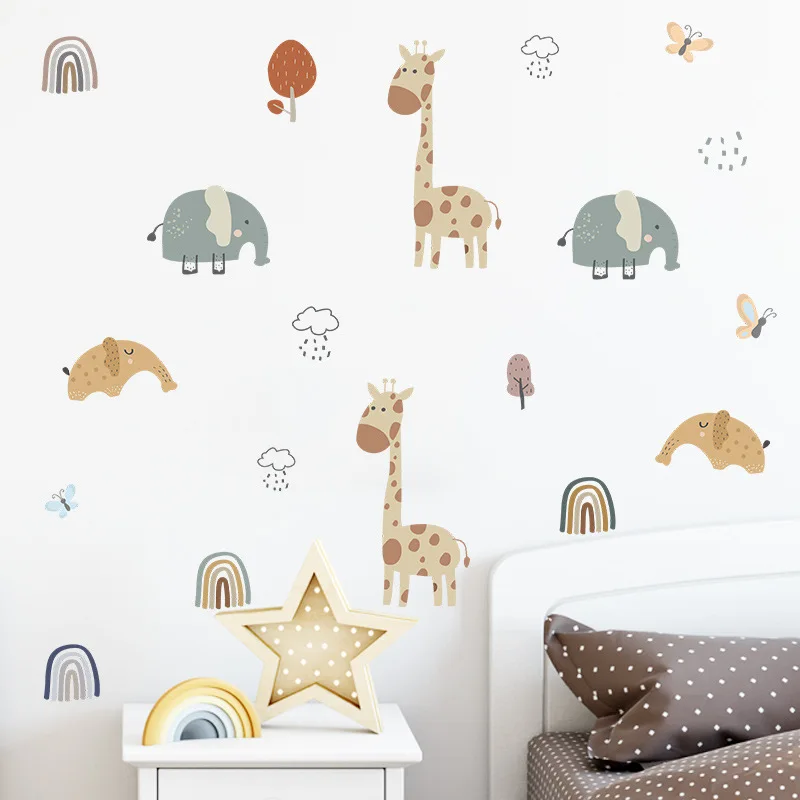 Cartoon Animals Wall Stickers For Baby Kids room Children Bedroom Decor Giraffe Elephant Decals Home Wallpapers | Дом и сад