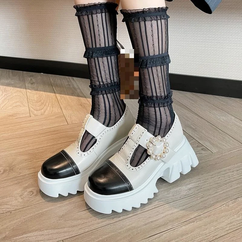 

Thick Retro Soled Single Autumn New Mary Janes Small Leather Women High-heeled String Bead Platform Lady Shoes