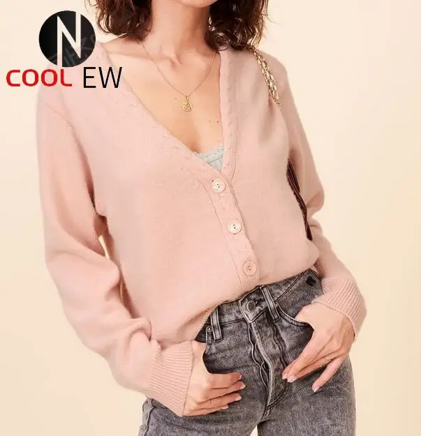 

Women 2021 Newest Pink/Khaki Wool Blend V Neckline Knit Cardigan Sweater - Ladies Long Sleeve Knitting Top