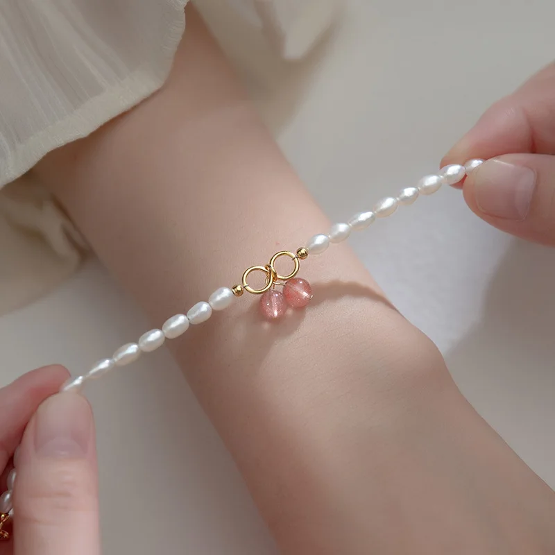 

Natural Strawberry Crystal Fine Jewelry Gold Plated 925 Sterling Silver Pearl Bracelet Adjustable Women With Extension Chain