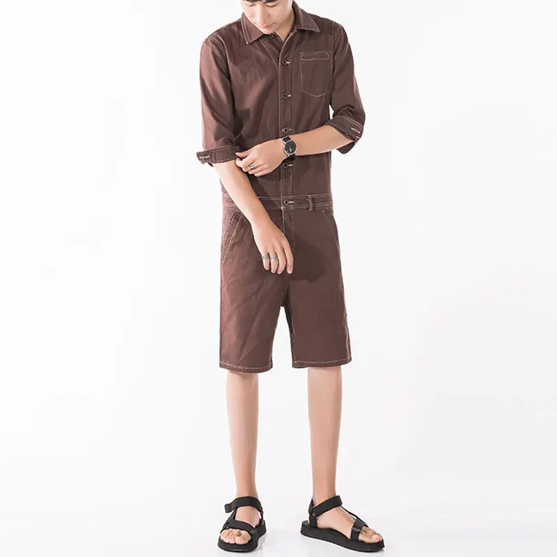 Summer Fashion Man Jeans Shorts Bib Overalls Streetwear Lapel Letter Denim Jumpsuits Trousers Leisure Brown Blue Freight Pants