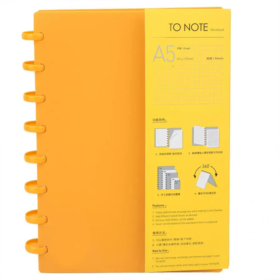 Orange Point Portable A5 Mushroom Hole Binder Refillable Writing Paper Notebook Office School Supplies 360 degree folded notebook - Color: Orange Point