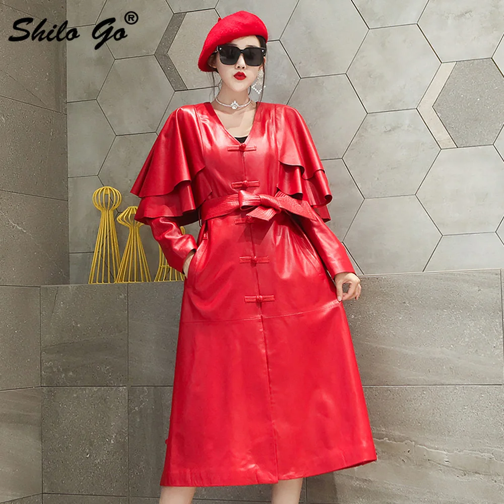 

Elegant Ruffles Shoulder Wrap Belted Single Breasted Knee-Length Trench Women Office Lady Genuine Leather Coat Sheepskin Outwear