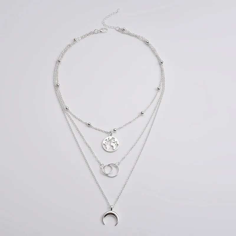 Многослойный луна кулон с картой мира ожерелье для женщин золотого серебряного