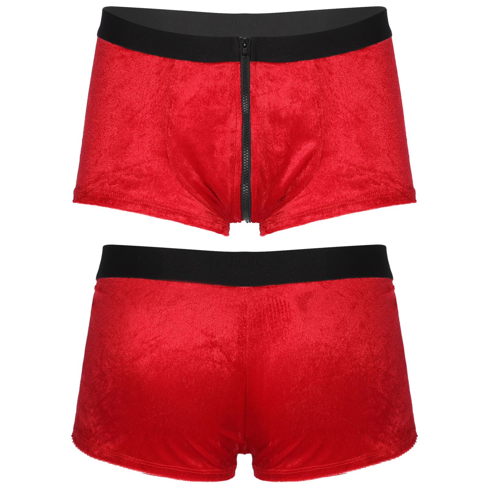Men Red Short Underwears Velvet Boxer Brief For Christmas Role Play Elastic Waistband Low Waist Zipper Bulge Pouch Underpants |