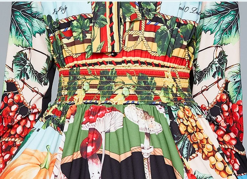 

2021 spring Fashion elegant women Fruit Vegetable Printing Long Sleeve Bow Collar Elastic Waist Vintage Casual Dress