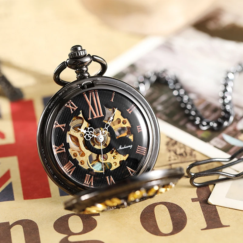 Vintage Arabic&Roman Numeral Dial Mechanical Pocket Watch with FOB Chain Retro Classical Hollow Design Men Fashion Gift 2021 New