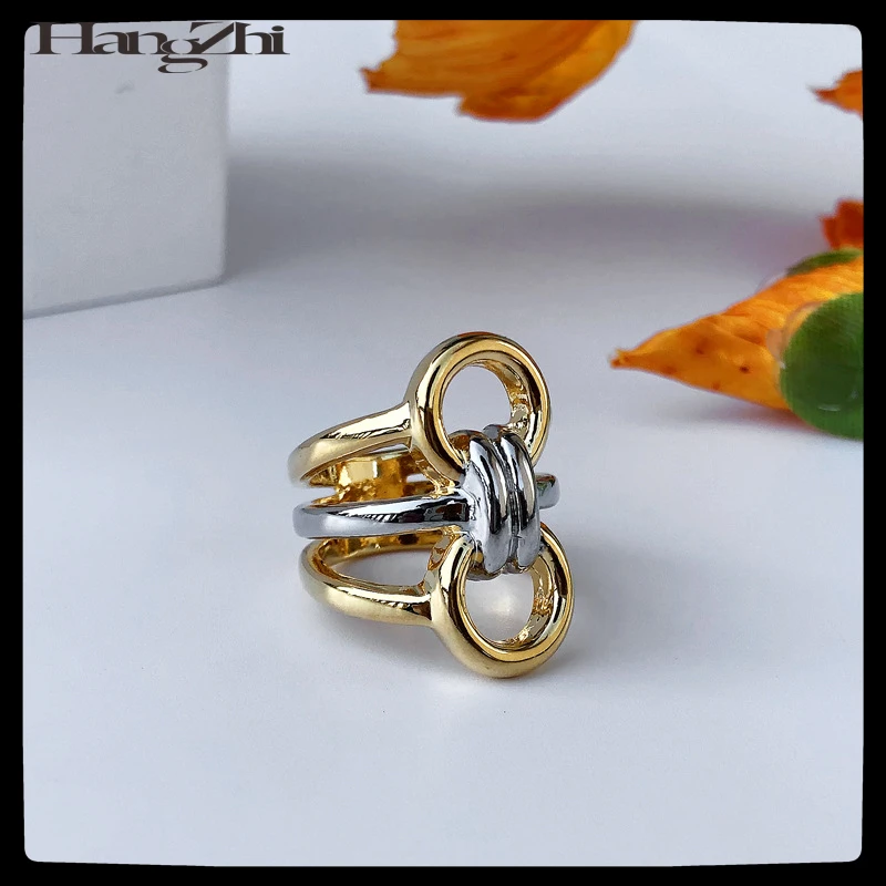 

HANGZHI 2021 New Design Simple Two-tone Female Exaggerated Personality Hollow Round Fashion Ring For Women Girls Party Jewelry