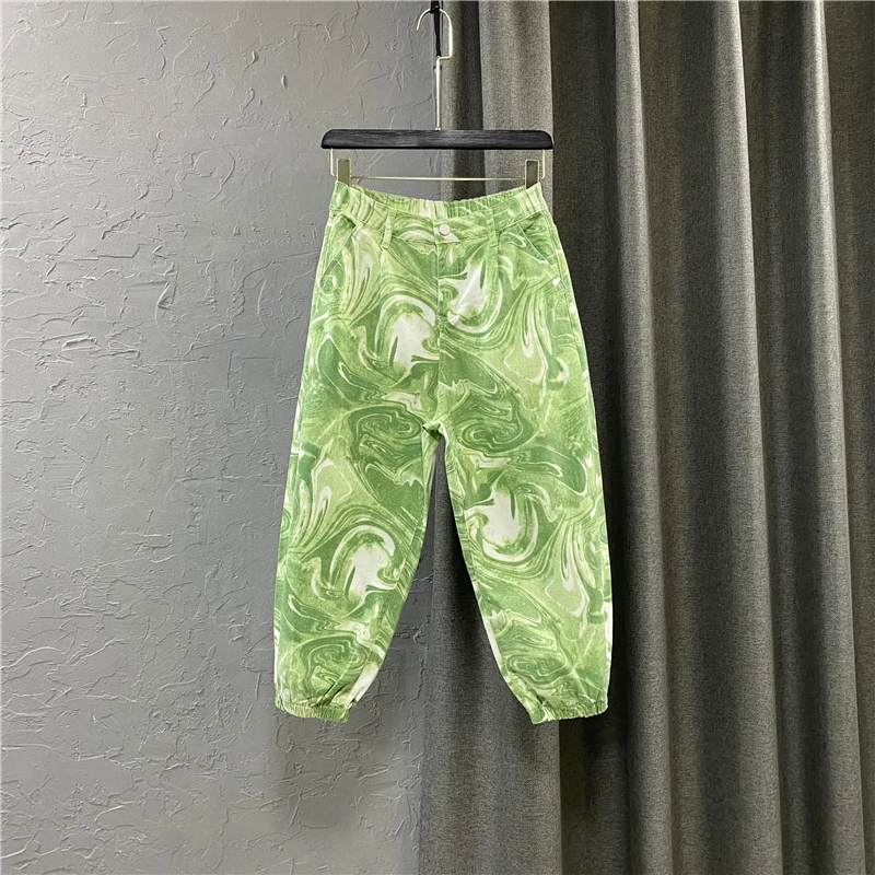 

2021 INS Tie Dye Jeans Mujer Green High Waist Loose Cotton Elastic Denim Pants Ankle Length Jean Bloomers Women Dropshipping