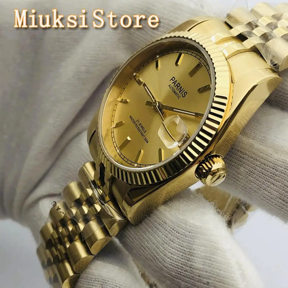 Женские Классические Механические часы Parnis 36 мм золотой чехол с сапфировым