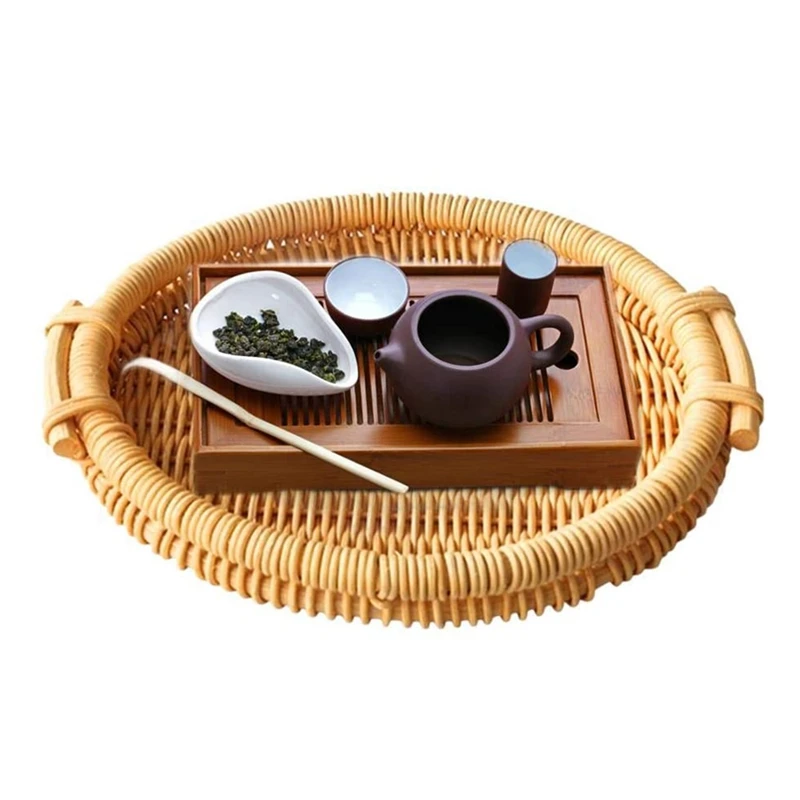 

Rattan Bread Basket for Serving with Side Handles Cracker Tray Woven Fruit Food Basket Trays for Serving Dinner Parties