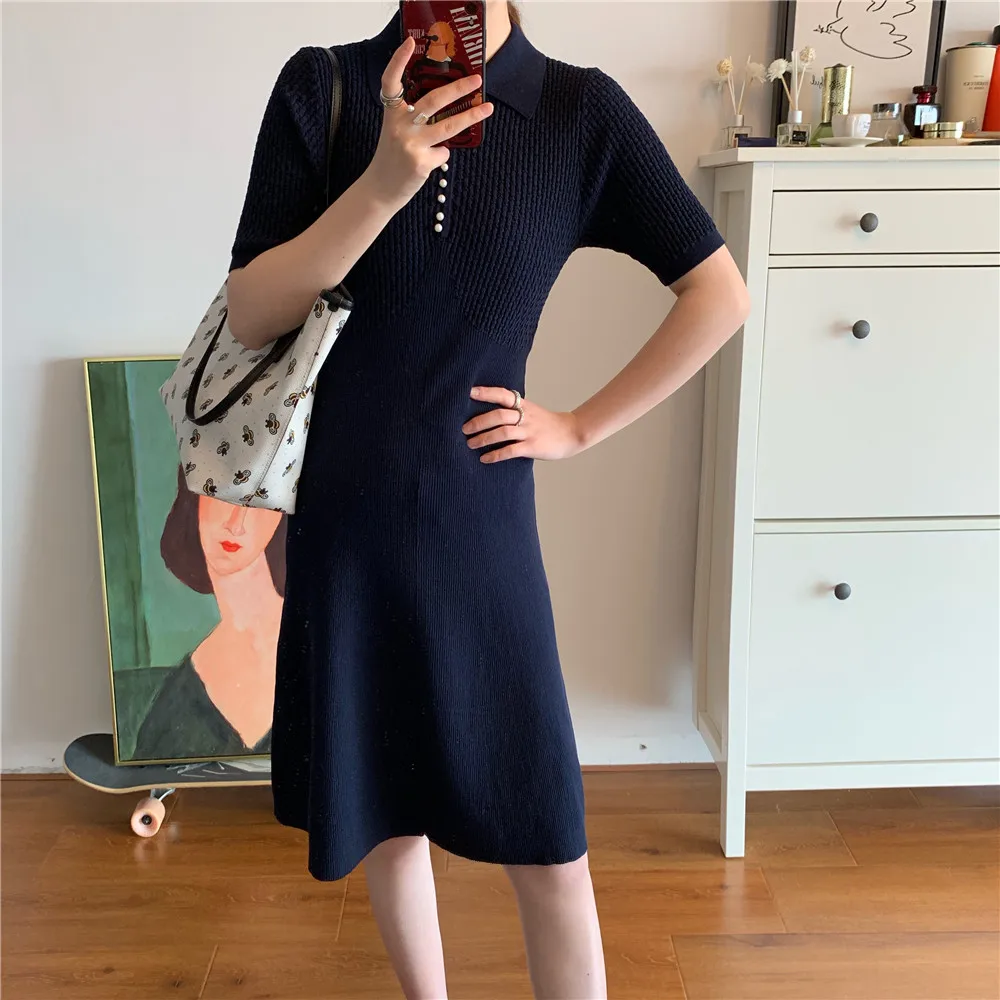 

High-End Quality French Knitted Autumn New Elegant Lapel Half-Sleeve Knee-length Embroidery Empire A-Line Office Lady Dress
