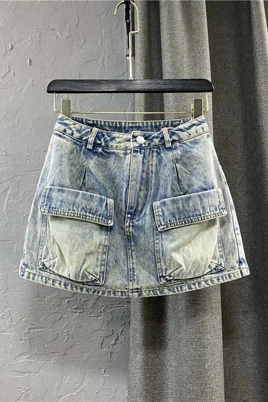 

Girl High Waist Sheath Short PantSkirt for Women Large Pocket Retro A Line Short Female Wide Leg Vintage Denim PantSkirt