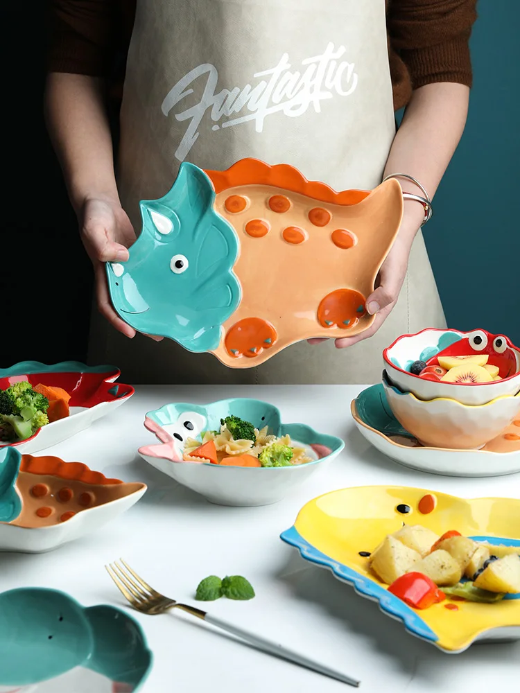 

Children Dinosaur Ceramic Flat Plate Tableware Cartoon Animal Bowl Underglaze Color Nordic Home Breakfast Tableware