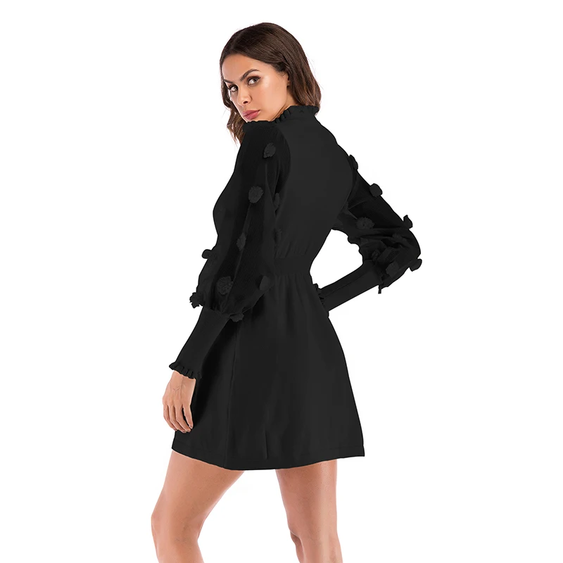 

Fall Fashion Black Lantern Sleeve Black Dress Women Elegant Ruffle Patchwork Knit Dresses Lady 2021 Korean Short Dress Lady
