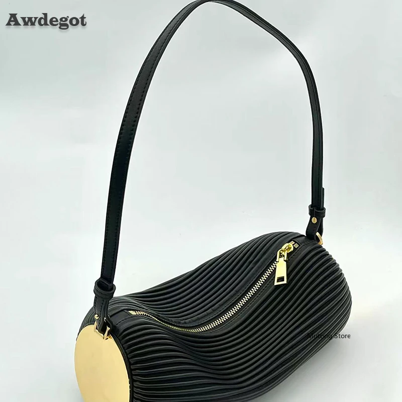 

2 Straps Luxury Designer Bags Women 2022 New Cylinder Armpit Bag High Quality PU Leather Shoulder Crossbody Bag Female Pleated
