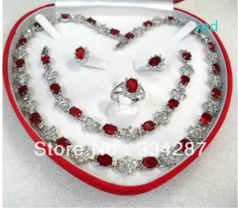 red silver colour Красный/синий/фиолетовый циркон серьги браслет кольцо/necklae нефритовый кристалл - Цвет камня: red silver colour