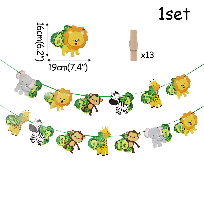 

Animal 1-12 Month Photo Banner Happy 1st Birthday Party Decorations Kids Jungle Safari Theme decor One Year Old Baby Shower Gift