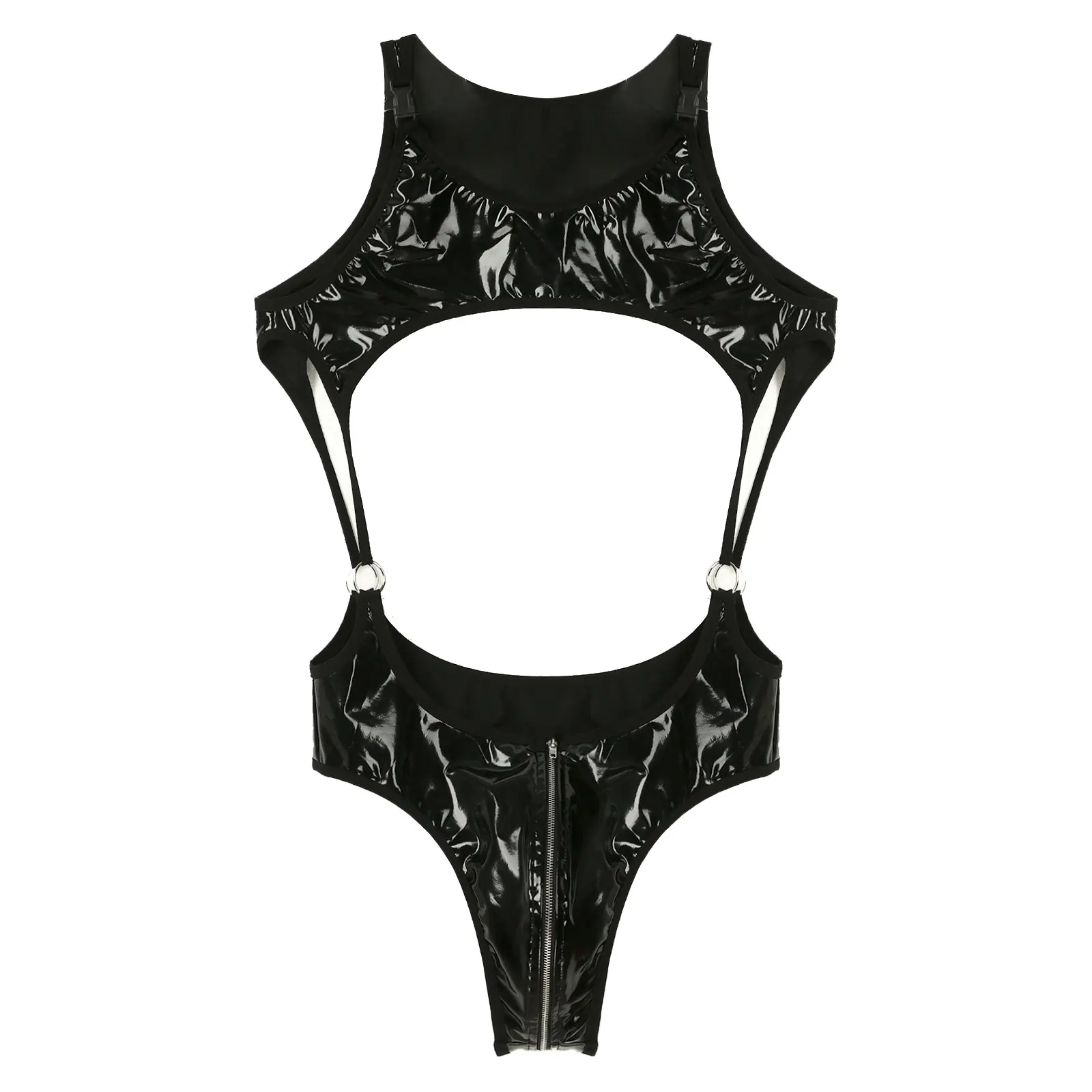 

Mens Exotic Sexy Teddies Costume Cutout Patent Leather Bodysuit Round Neck Sleeveless Zipper Crotch Leotard Shapers Clubwear