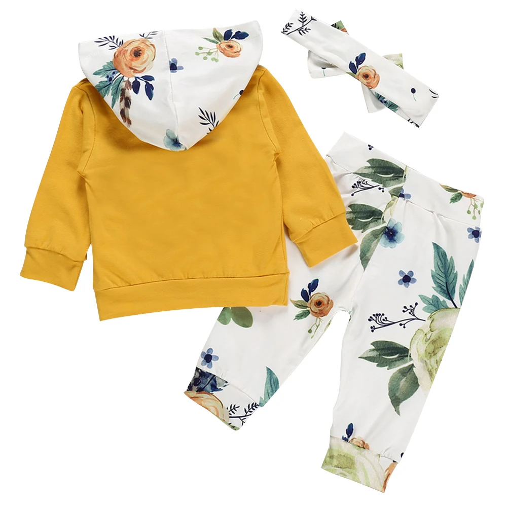 Желтый наряд Одежда для новорожденных девочек толстовки с цветочным принтом на