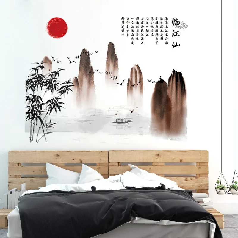 

Chinese Wall Sticker Landscape Mountain-River Ink Painting Calligraphy Wall Decal Home Wallpaper Poster Art for Living Room