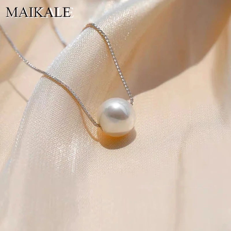MAIKALE Luxury 925 Sterling Silver Necklaces Pendant with 10MM Round Freshwater Pearls Charm Necklace for Girls Women Jewelry