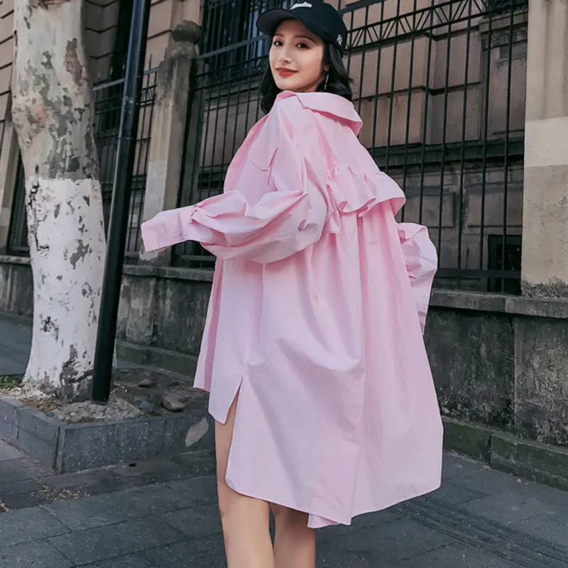 2019 Summer Antumn New Fashion Tied Sunscreen Coat Turn-down Collar Ruffles Pockets Loose Long Sleeve Women Shirt D309 |