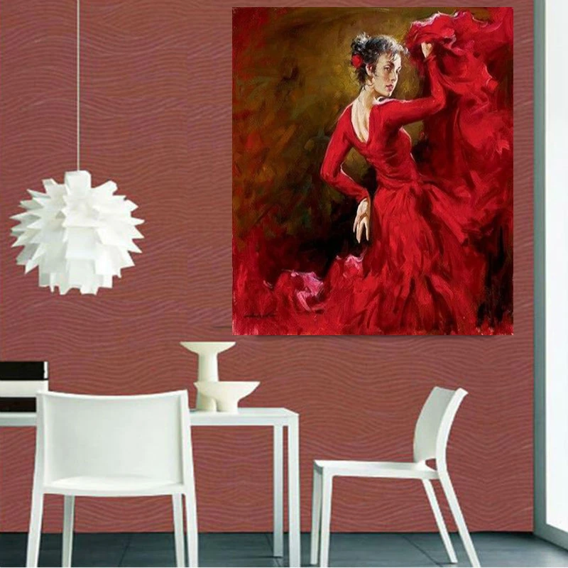 Ручная роспись маслом на холсте Испанский танцор фламенко картина малиновый