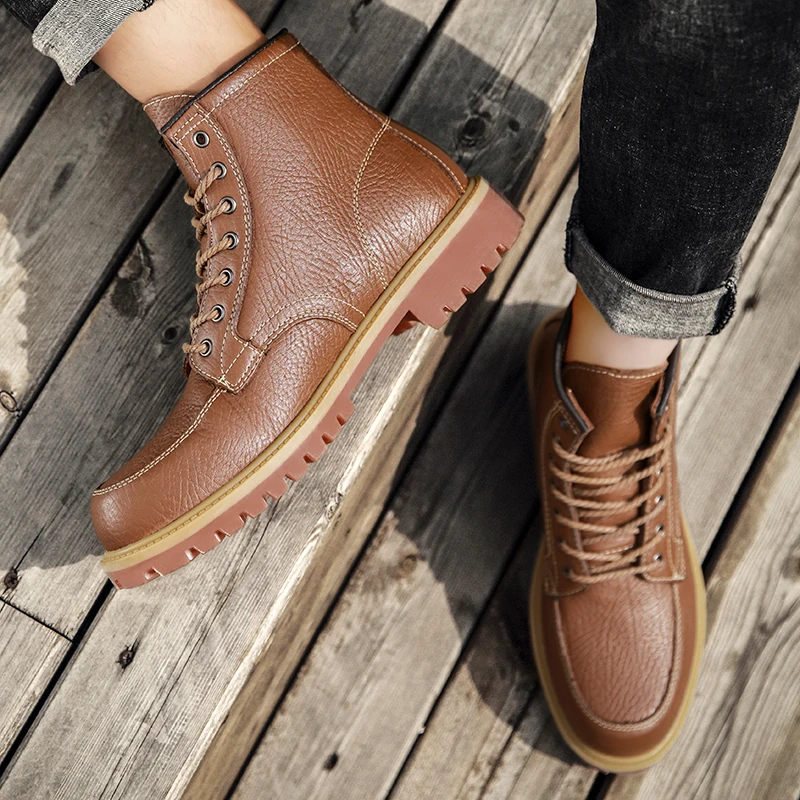 

Martin boots mens Trendy version of work boots lace-up British style thick-soled ankle boots with round toes men's cowhide boots