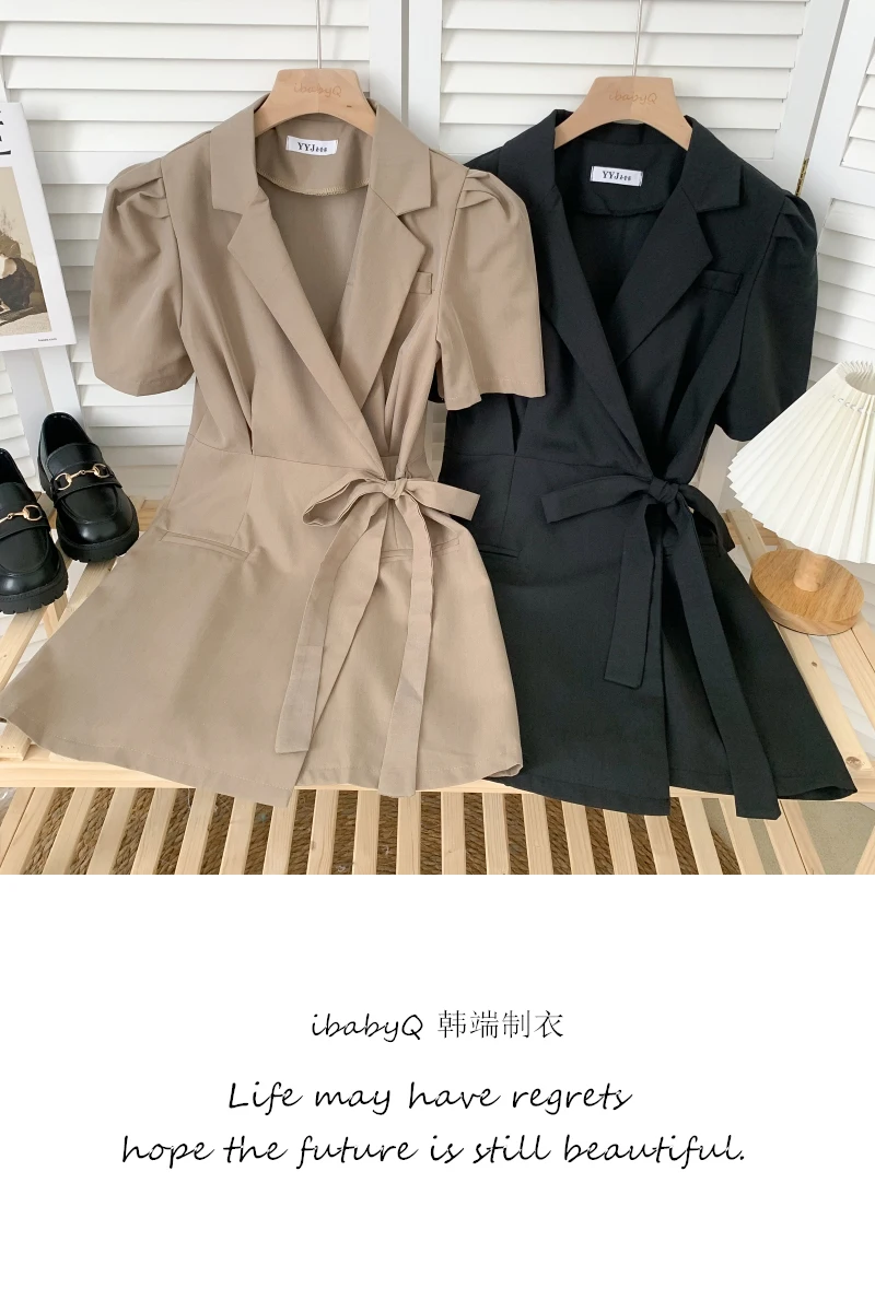 

2021 summer new Korean version of French fashion all-match suit collar waist tie puff sleeve dress short skirt female